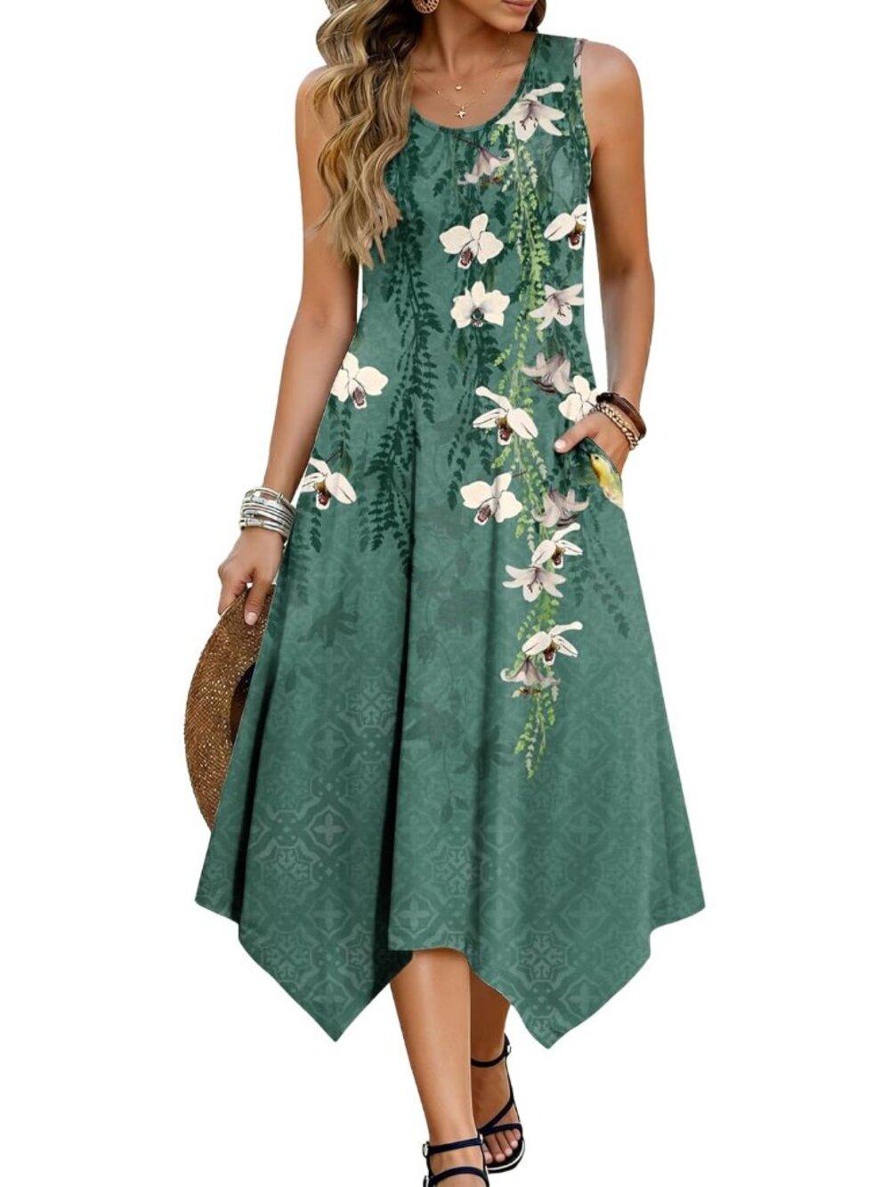 Hotouch Women's Floral Green Sleeveless Sundress Hanker chief Beach Dress